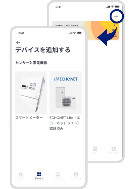 デバイスページの「＋」から
ECHONET Lite機器を選択し
セットアップを続ける